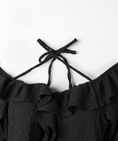 【 ２color 】クロスストラップリボンオフショルダーフリルブラウス ／ cross strap ribbon off shoulder frill blouse