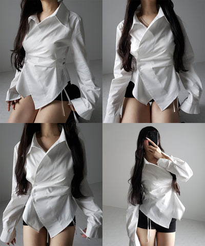 タックレイヤードアシンメトリーミディシャツ ／ tuck layered asymmetry midi shirts