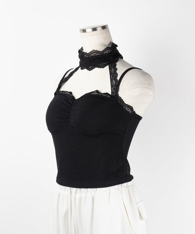 【 ２color ／ カップ付 】レースチョーカーストラップリブキャミソール ／ lace choker strap lib camisole