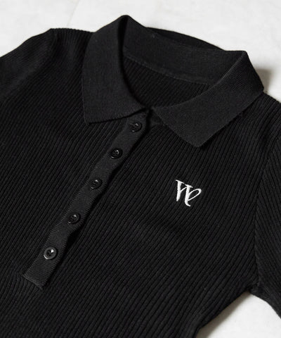 ワンポイント刺繍ポロカラースリムシアーリブニット ／ One-point embroidery polo collar slim sheer rib knit