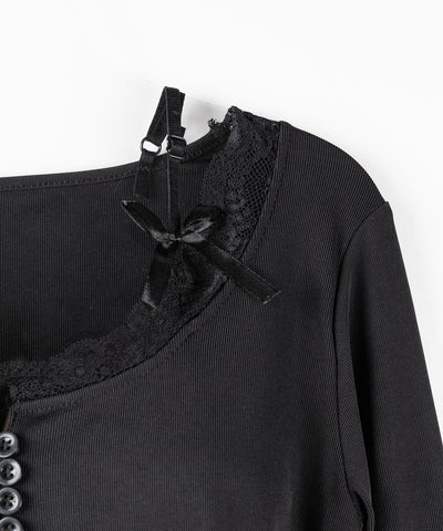 【 ２color 】ストラップダブルリボンレースカットソートップス ／ strap double ribbon lace cutsew tops