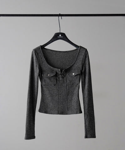 レースアップアウトポケットスリムリブトップス ／ lace up out pocket slim ribbed tops