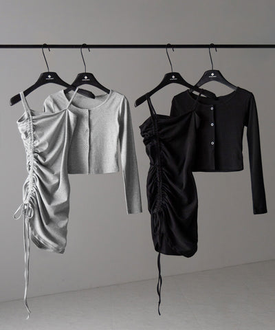 【 ２点セット 】シャーリングサイドリボンミニワンピース ＆ カーディガン SET ／ shirring side ribbon mini onepiece ＆ cardigan SET