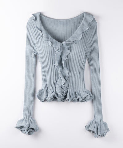 シアーフリル長袖リブニットカーディガン ／ sheer frill long-sleeve ribbed knit cardigan