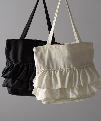 【 ２color 】ティアードフリルBIGキャンバストートバッグ ／ tiered frill big canvas tote bag