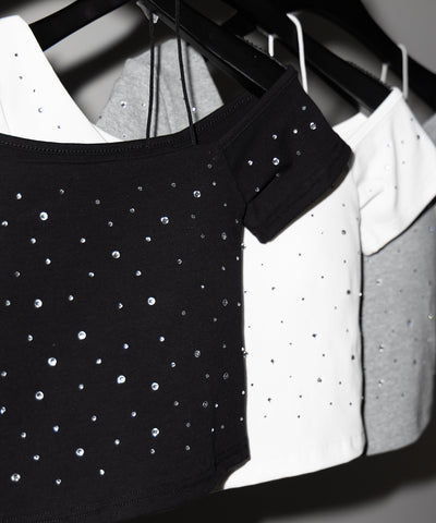 ラインストーンワンショルダーショートTシャツ ／ Rhine stone one shoulder short T-shirts