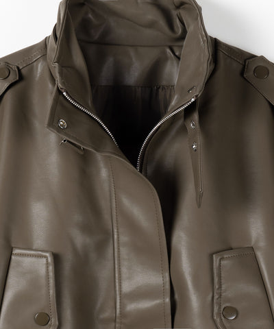 【 ２WAY 】スタンドカラーベルテッドフェイクレザーショートブルゾン ／ stand collar belted fake leather short blouson