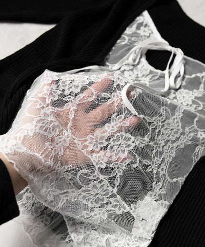 フロントリボンレースレイヤードリブニットカーディガン ／ front ribbon lace layered lib knit cardigan