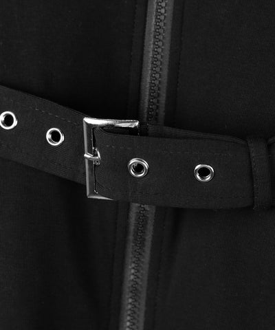 スタンドカラーベルテッドダブルジップスリムトップス ／ stand collar belted double zip slim tops