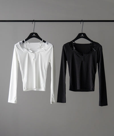 【 ２color 】ストラップダブルリボンレースカットソートップス ／ strap double ribbon lace cutsew tops