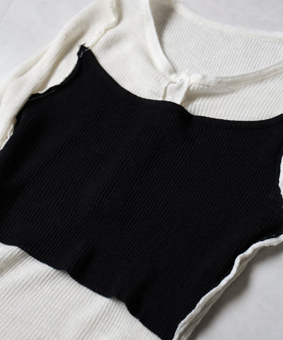 ヘンリーネックフェイクレイヤードロゴ長袖シアーニットトップス ／ henly neck fake layered logo longsleeve sheer rib knit tops