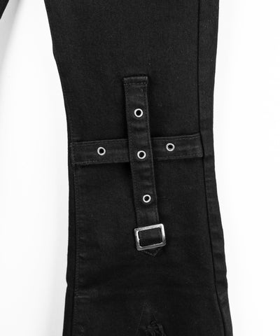 クロスデザインヴィンテージライクフリンジストレッチフレアデニム ／ cross design vintage-like fringe stretch flare denim