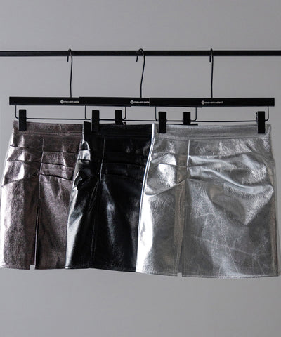 【 ３color ／４size 】３タックメタリックスリットハイウエストタイトミニスカート ／ three tuck metallic slit highwaist tight mini skirt