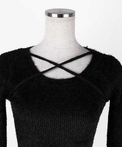 クロスストラップシャギーニットミニワンピース ／ cross strap shaggy knit mini onepiece