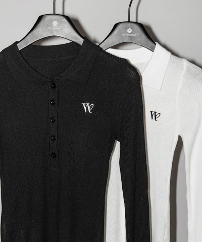 ワンポイント刺繍ポロカラースリムシアーリブニット ／ One-point embroidery polo collar slim sheer rib knit