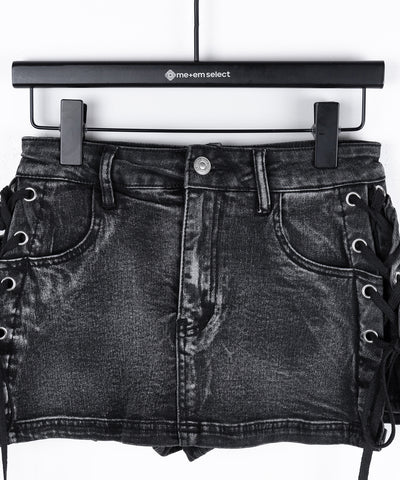 【 インパン裏地付き 】レースアップマイクロデニムミニスカパン ／ Lace-up micro denim mini skirt pants