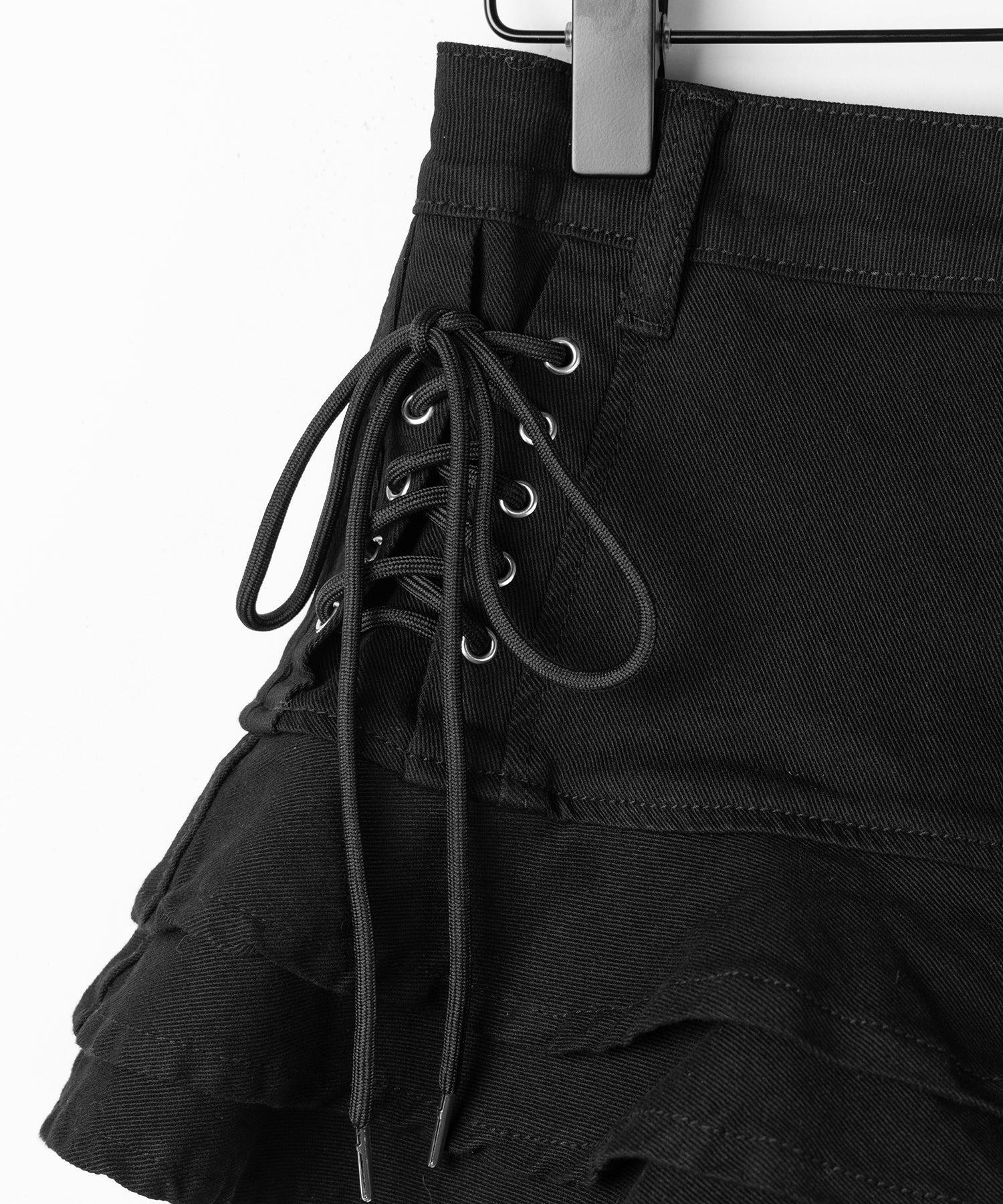 【 インパン裏地付 】レースアップブラックフリルミニスカート ／ laceup black frill mini skirt