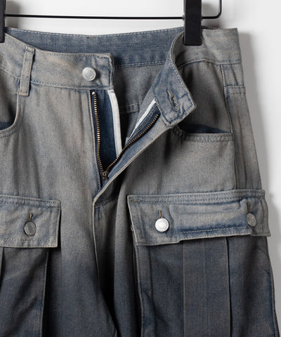 【 ３color ／４size 】オーバーダイグラデーションヴィンテージワイドカーゴデニム ／ overdyed gradation vintage wide cargo denim