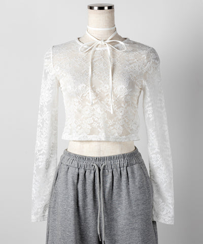 【 ２color 】ストラップリボンショートレーストップス ／ strap ribbon short lace tops