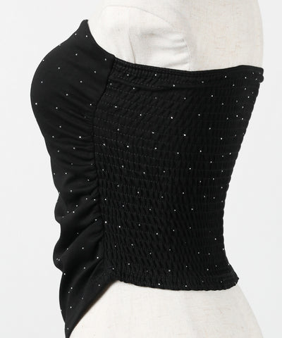 【 セットアップ 】ラインストーンベアトップ＋ハイウエストショートパンツ SET ／ 【 SETUP 】Rhinestone bare tops ＋ high waist short pants SET