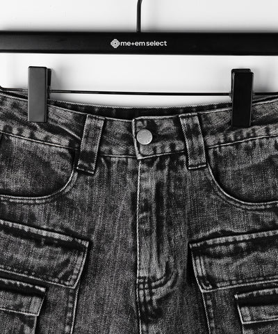 【 デニムセットアップ着用可能 】ヴィンテージケミカルブリーチカーゴデニムミニスカパン ／ vintage chemical bleach cargo denim mini skirt pants