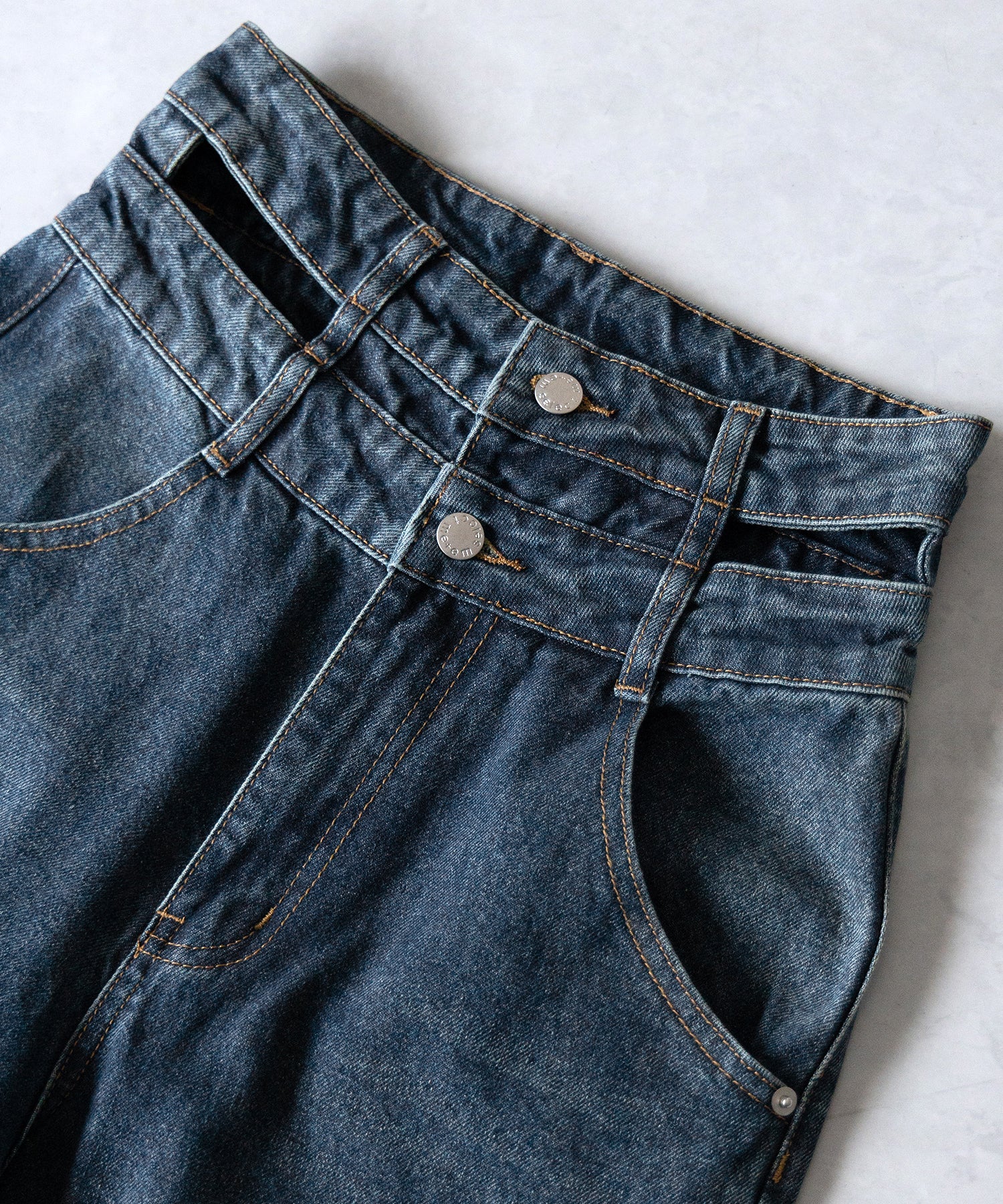 【２color ／４size 】カットアウトダブルハイウエストワイドデニム ／　cutout double high waist wide denim