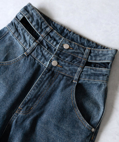 【２color ／４size 】カットアウトダブルハイウエストワイドデニム ／　cutout double high waist wide denim