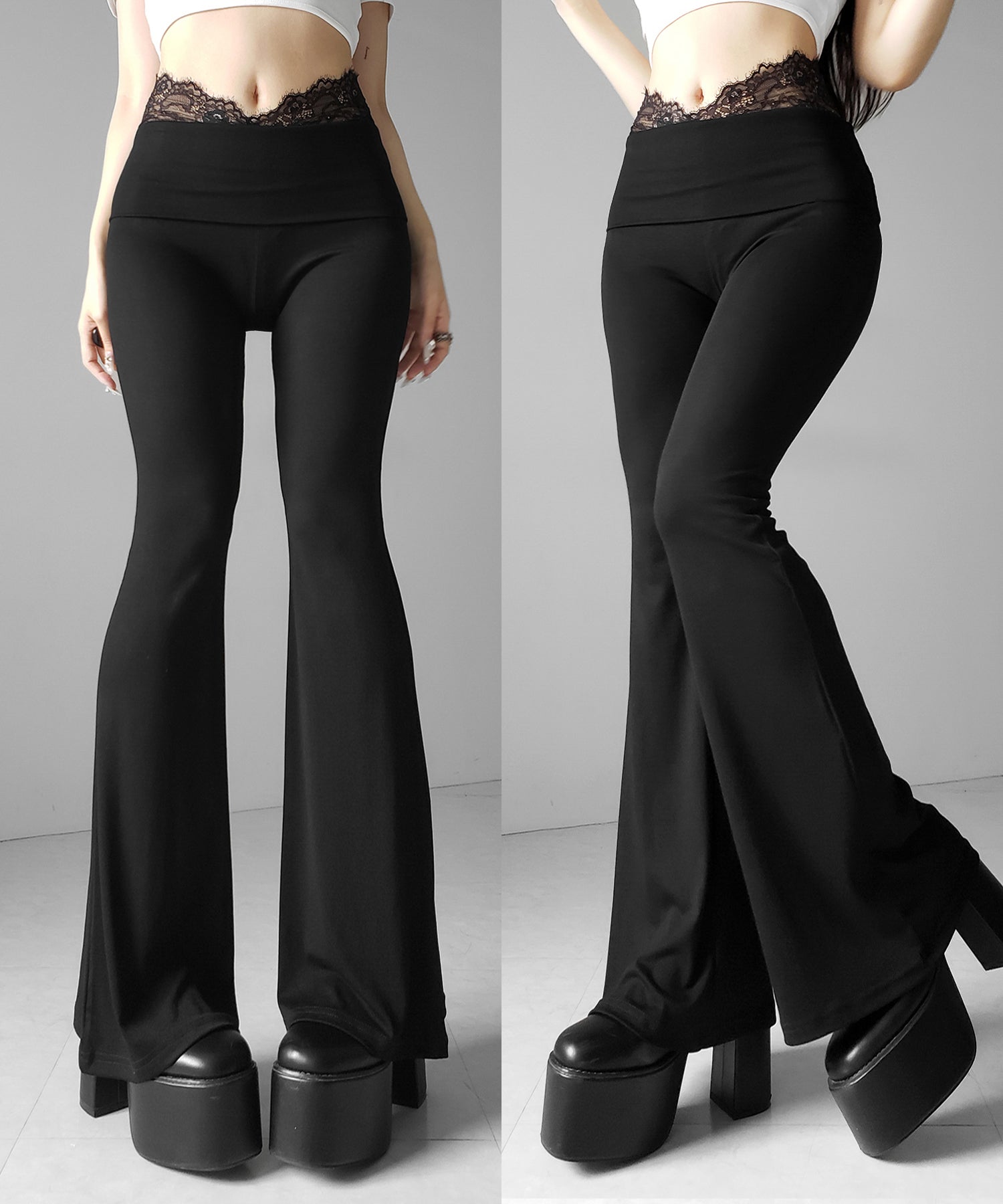 ウエストレーススリムドレープカットソーフレアパンツ ／ waist lace slim drape cutsew flare pants