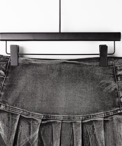 【 インパン裏地付 】ダブルベルトヴィンテージデニムプリーツミニスカート ／ double belt vintage denim pleats mini skirt