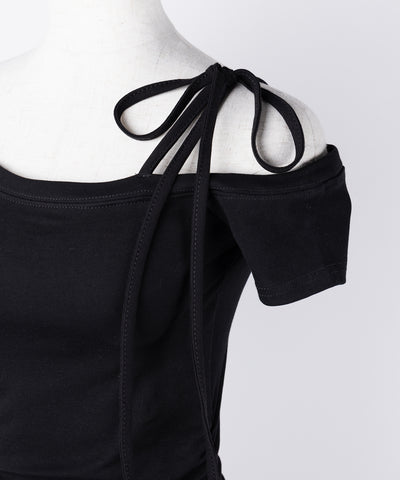 【 ２color ／ カップ付き 】ワンショルリボン半袖カットソーミニワンピ ／ one shoulder ribbon short sleeve cutsew mini onepiece
