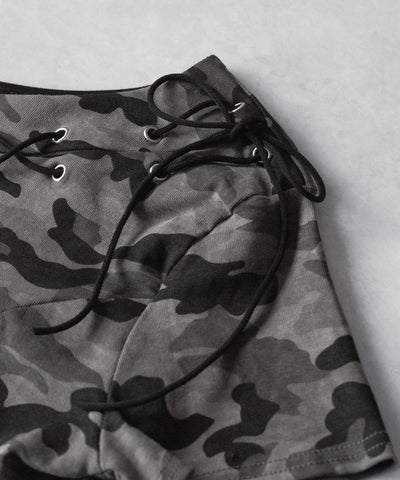 ヴィンテージカモフラカットアウトレースアップワンショルＴシャツ　／ Vintage camouflage cutout laceup one shoulder T-shirt