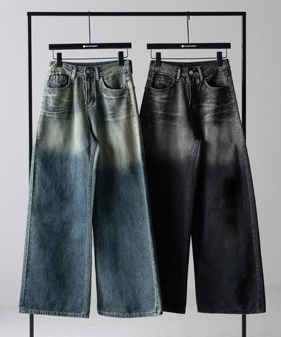【 ４size ／ ２color 】ヴィンテージグラデーションウォッシングルーズワイドデニム