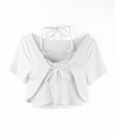 【 ２点セット 】 ２WAYストラップリブキャミソール ＋ フロントリボンショートカーディガン SET ／ 2WAY strap lib camisole + front ribbon short cardigan