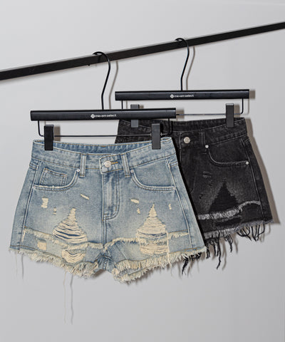クラッシュダメージダブルフリンジデニムショートパンツ／crash damage double fringe denim short pants