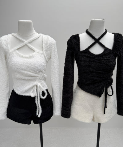 【 ３color 】クロスネックシャーリングリボンシャギートップス ／ cross neck shirring ribbon shaggy tops
