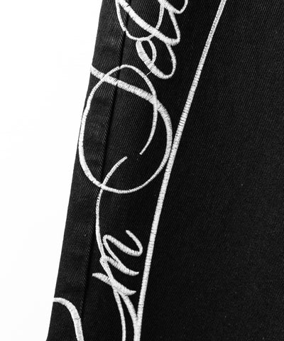 レタリングロゴ刺繍ハイウエストワイドブラックデニム ／ lettering logo embroidery high waist wide black denim