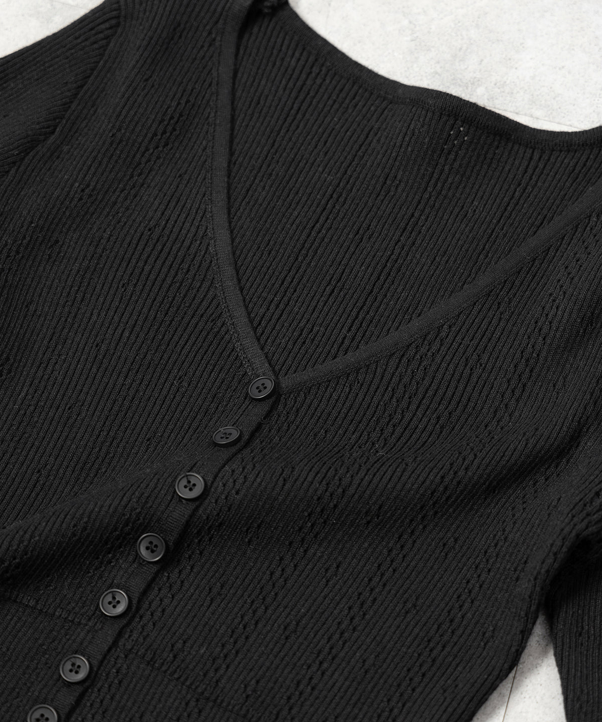 フレアリボンスリーブ透かし編みニットカーディガン ／ flare ribbon sleeve openwork knit cardigan