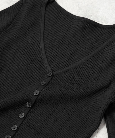 フレアリボンスリーブ透かし編みニットカーディガン ／ flare ribbon sleeve openwork knit cardigan