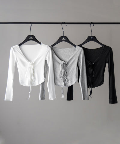 【 ３color 】レースアップフロントリボンショートスリムトップス ／ lace up front ribbon short slim tops