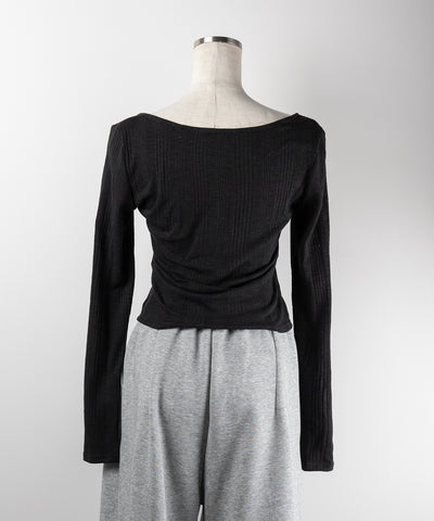 【 ３color 】フロントボタンオープンネックリブカットソートップス ／ front button open neck ribbed cutsew tops