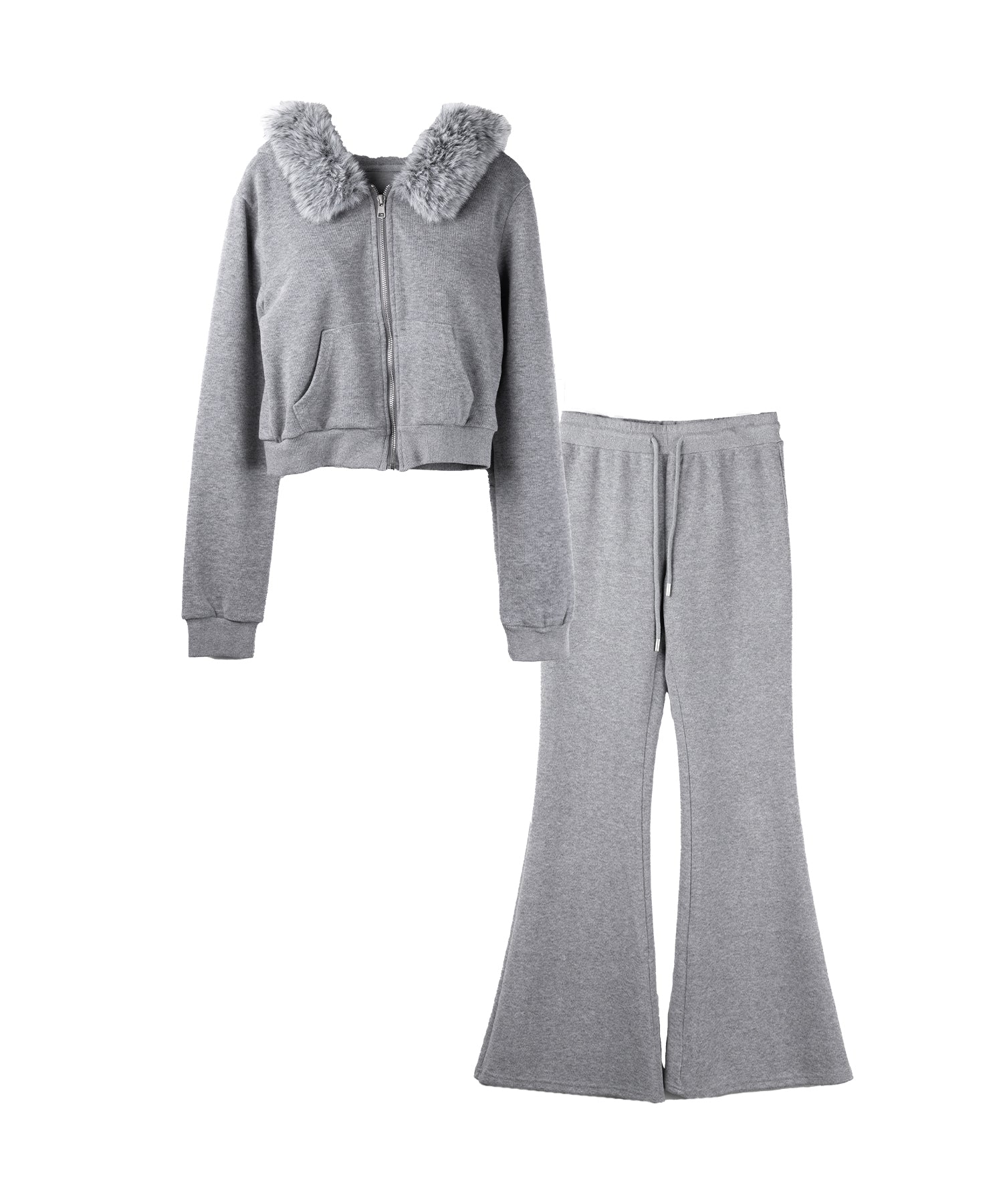 【 セットアップ 】ファーフードショートパーカー＆スウェットフレアパンツ ／ Fur short hoodie ＆ sweat flare pants SETUP