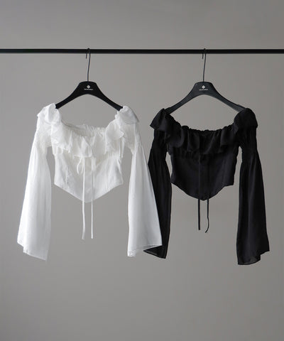 【 ２color ／ ３WAY 】チョーカーリボンフレアスリーブオフショルブラウス ／ choker ribbon flare sleeve off-shoulder blouse