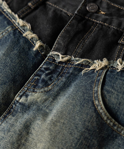 【 ３size ／ ２color 】ダメージドッキングヴィンテージデニムミニスカート ／damage docking vintage denim mini skirt