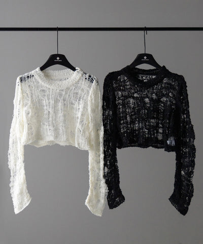 【 ２color 】クラッシュダメージショートシアーニット ／ crush damage short sheer knit