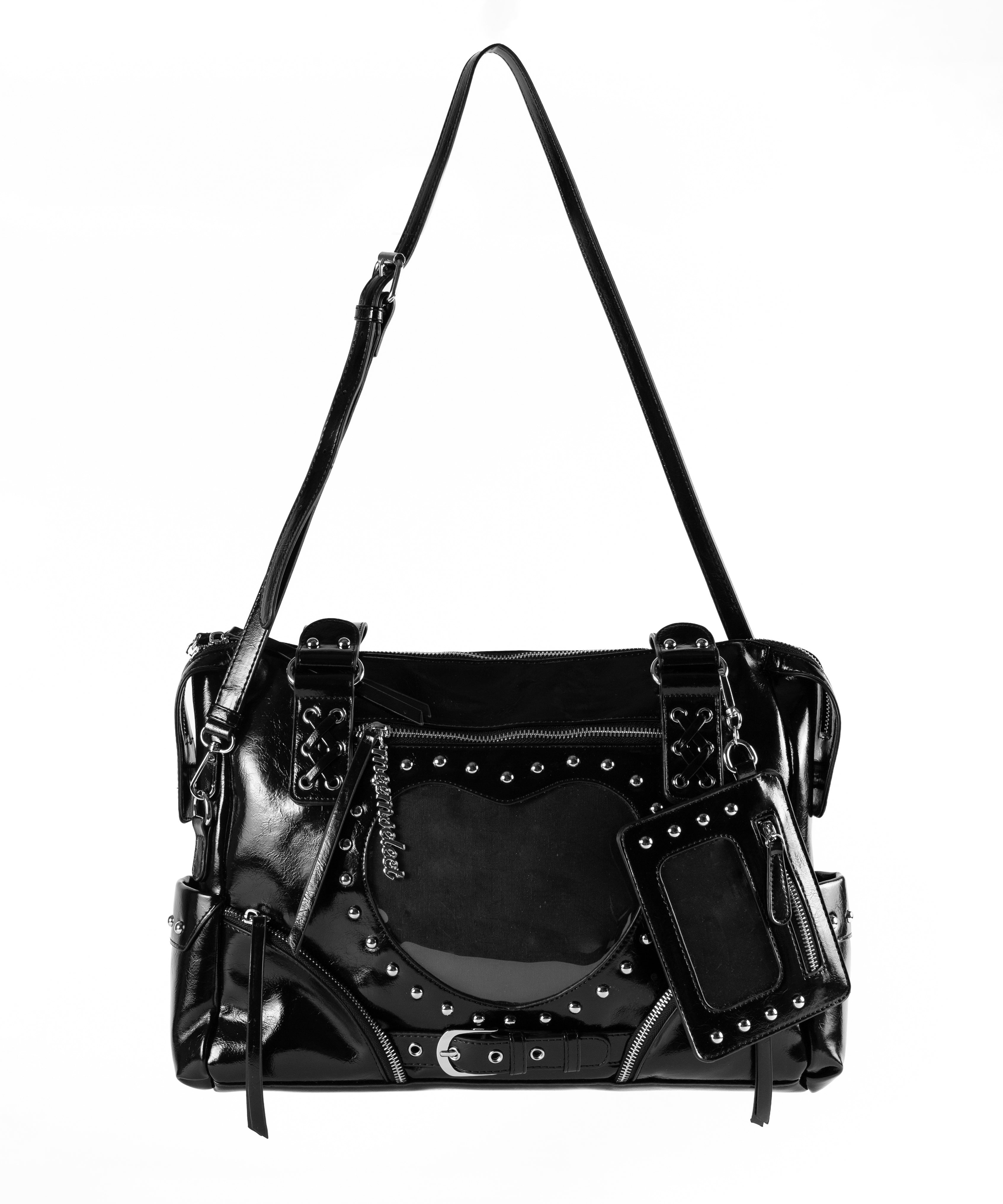 【 限定先行販売 】ハートクリアポケットスタッズフェイクレザートートバッグ ／ heart clear pocket studs fake leather tote bag