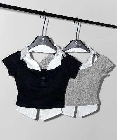 シャツレイヤードヘンリーネックカットアウトトップス ／ shirt layered henlyneck cutout tops