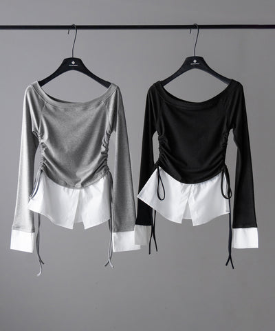 【 ２color ／ ２WAY 】シャツドッキングサイドリボンワンショルトップス ／shirt docking side ribbon oneshoulder tops