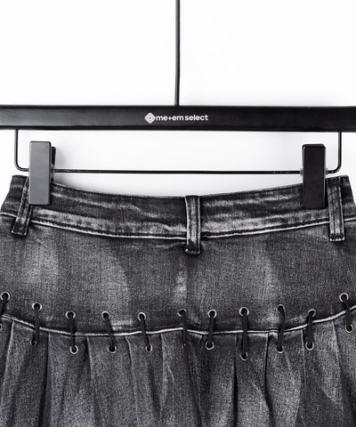 【 インパン裏地付 】ベルテッドマイクロプリーツデニムミニスカパン ／ belted micro pleats denim skirt pants