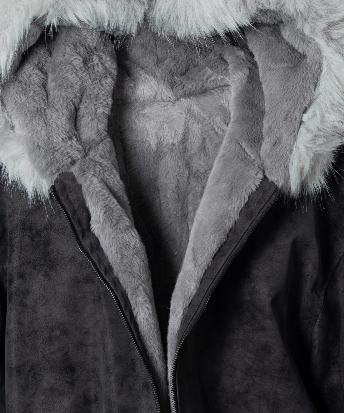 ファーフードヴィンテージフェイクレザーオーバーブルゾン ／ fur hooded vintage fake leather over blouson
