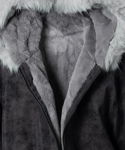 ファーフードヴィンテージフェイクレザーオーバーブルゾン ／ fur hooded vintage fake leather over blouson